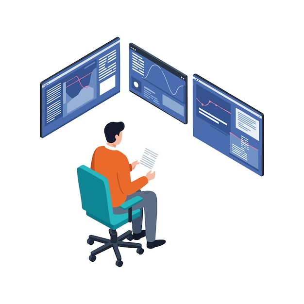 Man analyzing data on multiple computer screens with charts and graphs in office workspace vector illustration