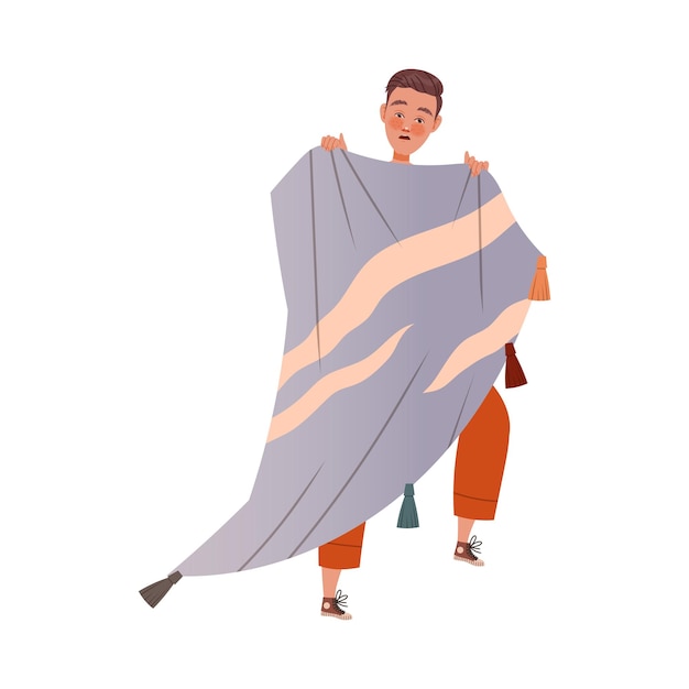 Man character afraid of something feeling scared and terrified shaking with fear holding blanket