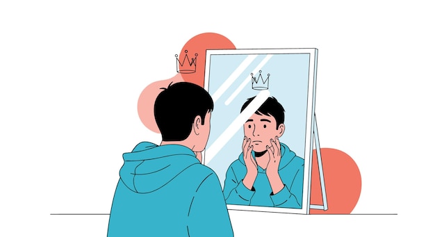 Man Gazing at Himself in the Mirror with a Crown Reflection