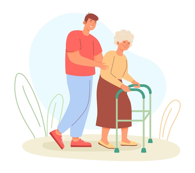 Vector man helping old lady to walk with walker care of elderly people concept