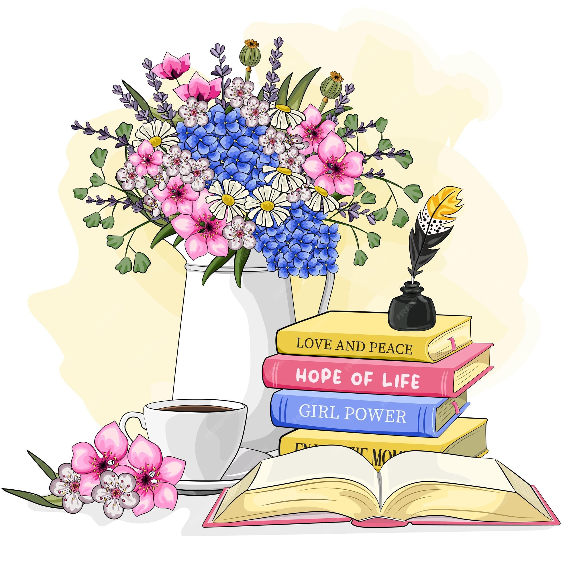 Mañana bodegón ilustración vectorial de dibujos animados. pila de libros  con flores y bosquejo de taza de café | Vector Premium