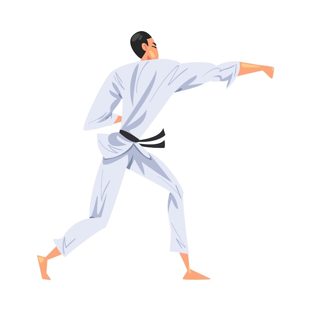 Manateka haciendo karate Hombre luchador personaje en kimono blanco practicando arte marcial tradicional japonés Ilustración vectorial de estilo de dibujos animados