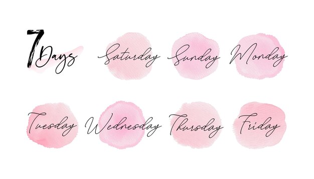 Vector mancha de acuarela rosa con el nombre de la semana de siete días.