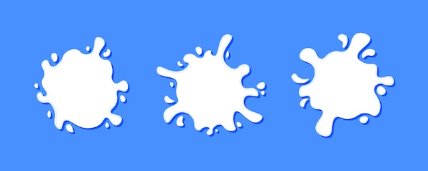 Vector mancha de leche, gotas de crema y manchas, conjunto de varias salpicaduras de logotipo de leche creativa aisladas y mancha con gotas buenas para el diseño de envases sobre fondo azul, ilustración