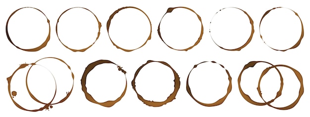 Mancha de taza de café Té realista círculos aislados sobre fondo blanco bebida marrón capuchino o café expreso marcas redondas líquido oscuro derramado Vector conjunto de elementos decorativos para el menú del restaurante