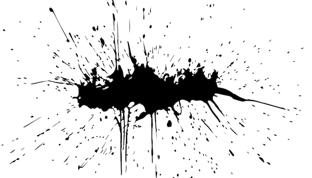 Mancha de tinta abstracta con salpicaduras de tinta negra sobre un fondo blanco