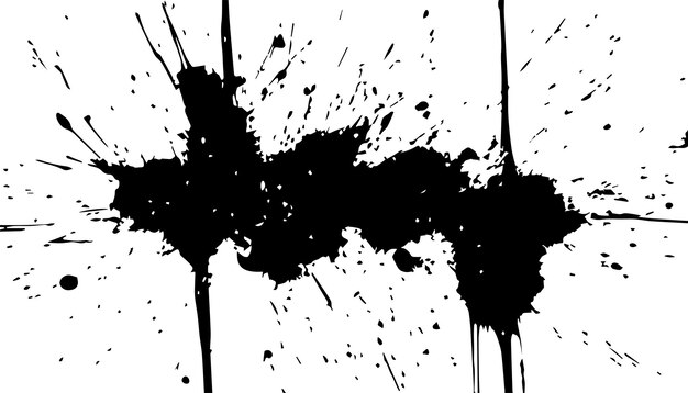 Mancha de tinta abstracta con salpicaduras de tinta negra sobre un fondo blanco