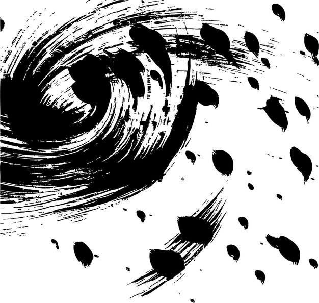 Vector mancha de tinta giratoria con un efecto de torsión una pincelada negra en forma de espiral en un lienzo abstracto vectorial