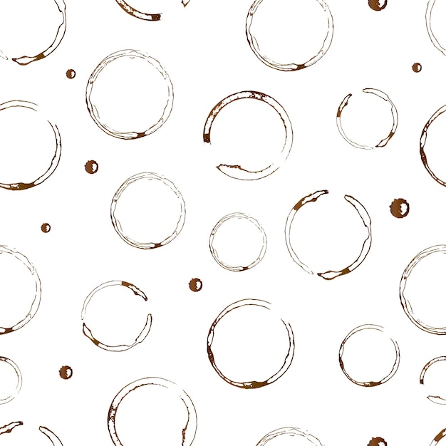 Manchas de café y gotas en un patrón blanco sin costuras Forma marrón de los anillos inferiores de la taza de café y salpicaduras aisladas en círculos blancos y salpicaduras Fondo vectorial para menú de cafetería o restaurante