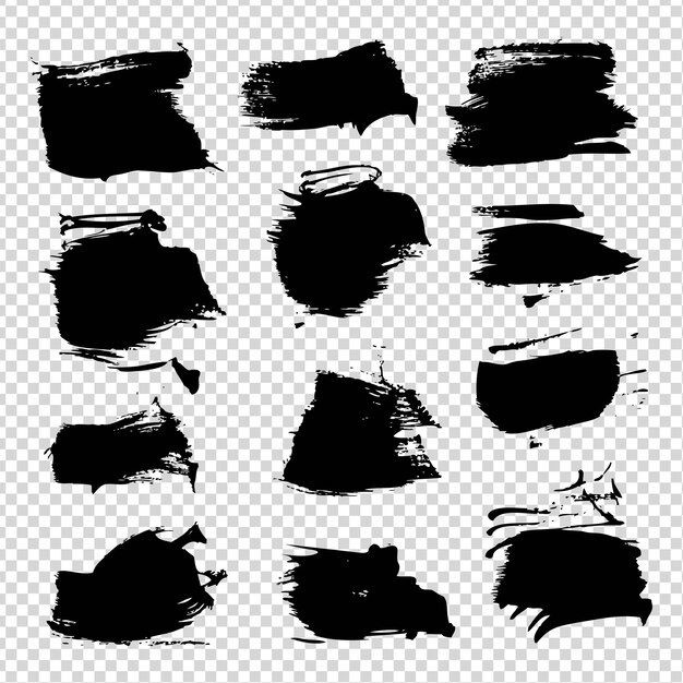 Las manchas cortas de textura negra están aisladas sobre un fondo transparente de imitación