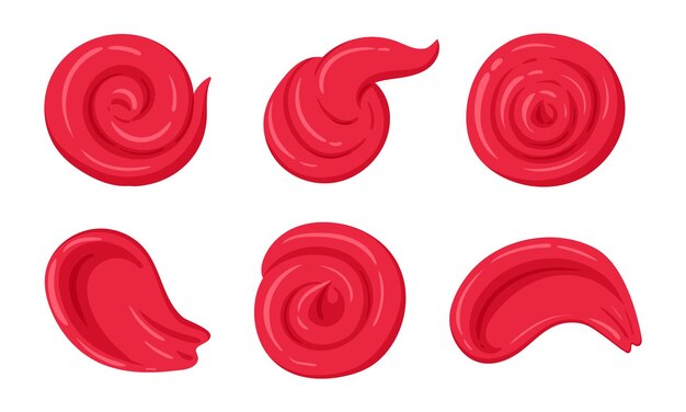Manchas de ketchup Salsa de tomate salsa de chile caliente salpicaduras de comida chatarra salsas de aderezo vectoriales planas conjunto de ilustraciones de ketch up rojo de dibujos animados