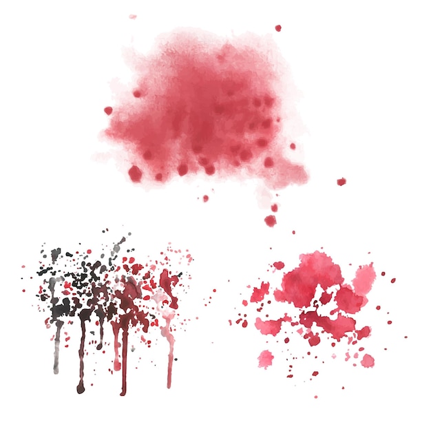 Vector manchas negras rojas burdeos salpican manchas de pintura acuarela dibujadas a mano conjunto de elementos aislados sobre un fondo blanco