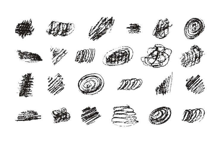 Manchas negras y sombreados de lápiz de carbón dibujados a mano Garabateos con lápices de cera Dibujos infantiles con bordes dentados Elementos y texturas para notas y decoración redes sociales