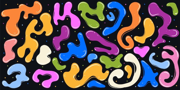 Manchas onduladas multicolores con formas amorfas en estilo de dibujos animados aisladas sobre un fondo negro