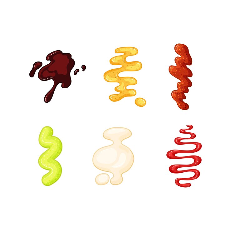 Vector manchas de salsas en un fondo blanco aislado. ilustración de vector de salpicaduras de soja, mayonesa, salsa de tomate, mostaza.