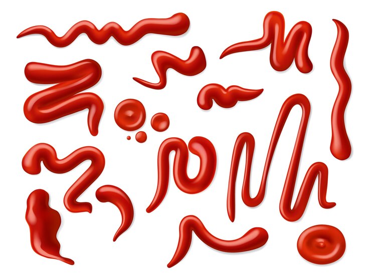 Vector manchas y salsas de ketchup vector 3d especias y condimentos de alimentos ketchup de tomate rojo realista o gotas de catsup salsa de especias salsas de salsas y remolinos pasta de llovizna de tomate inmersión o aderezo