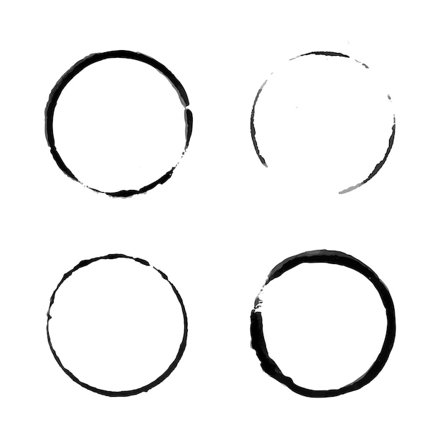 Manchas de vector negro de círculo de taza de café Mancha de grunge de anillo redondo Marca de taza húmeda y salpicaduras Manchas de círculo de tinta negra Botella de vidrio o marcas de bebida de agua