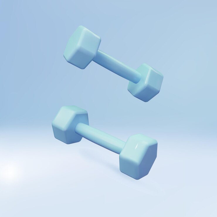 Vector mancuernas realistas en 3d con sombra aislado sobre fondo azul.