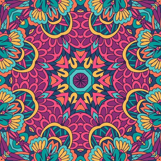 Mandala de arte boho étnico de patrones sin fisuras de vector. Diseño de Doodle con adornos de colores.