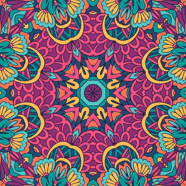 Mandala de arte boho étnico de patrones sin fisuras de vector. diseño de doodle con adornos de colores.