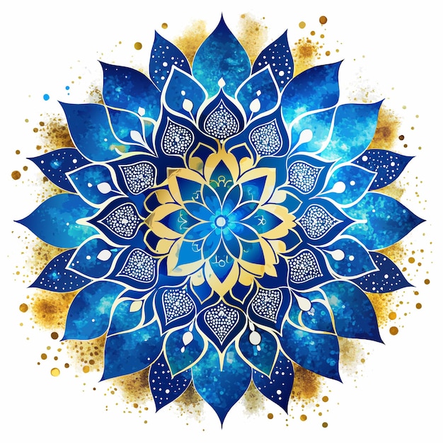 Un mandala azul y dorado con un fondo blanco