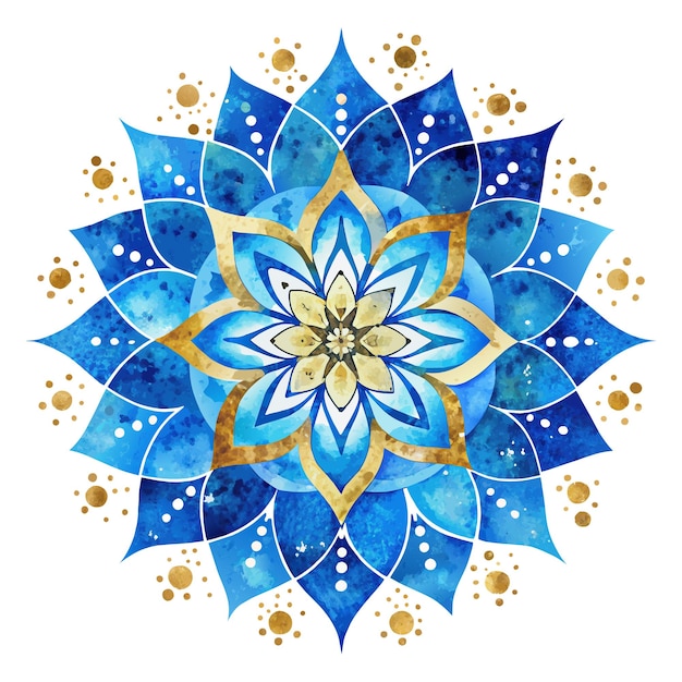 Un mandala azul y dorado con un fondo blanco