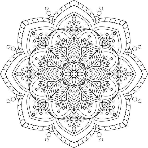 Mandala en blanco y negro dibujada a mano aislada en un fondo blanco.