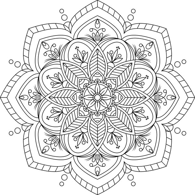 Mandala en blanco y negro dibujada a mano aislada en un fondo blanco.