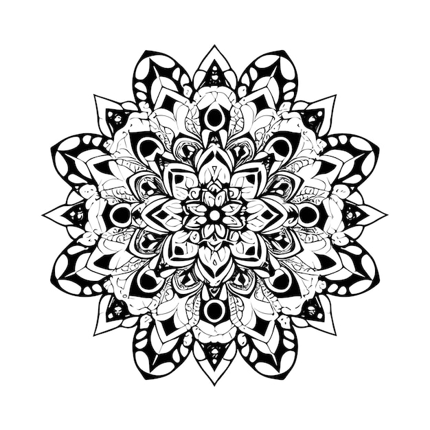 Un mandala en blanco y negro con un patrón de círculos y la palabra mandala en el fondo blanco.