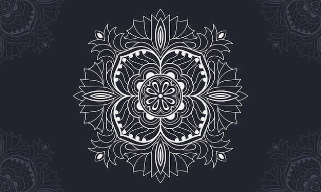 Un mandala blanco con un patrón floral sobre un fondo negro.