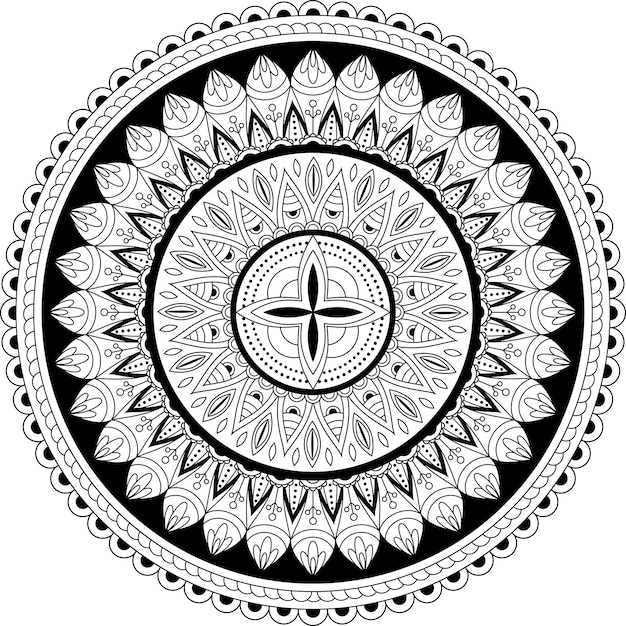 Mandala circular en blanco y negro aislada en un fondo blanco. Página del libro para colorear.