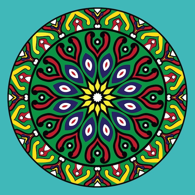 Mandala de color verde, rojo y amarillo.