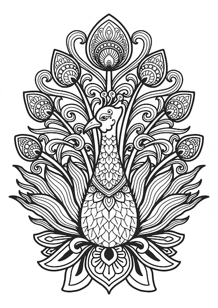 Mandala para colorear diseño de pavo real.