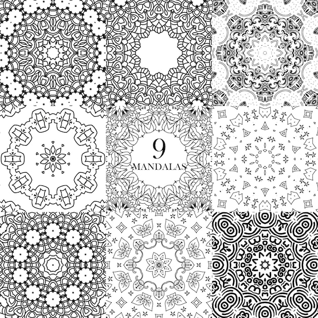Mandala conjunto de diseños en blanco y negro