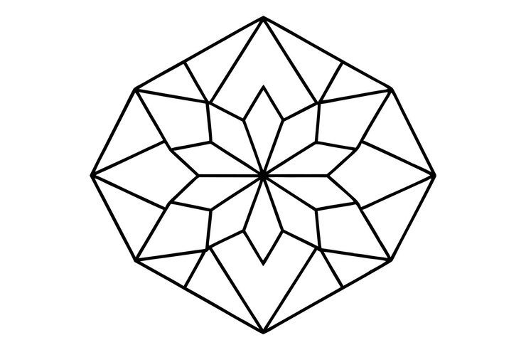 Mandala de cristal con formas y facetas geométricas Líneas nítidas y claras para colorear