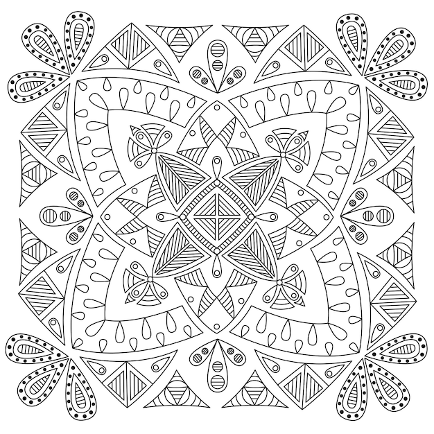 Mandala cuadrada vectorial para colorear página. Adorno aislado lineal sobre fondo blanco