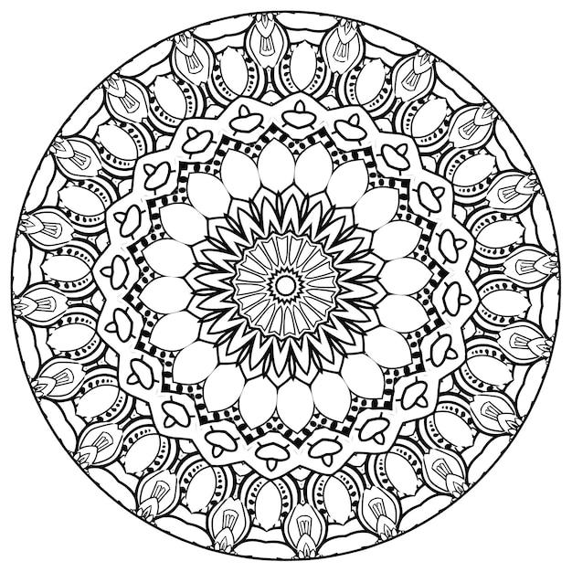 Mandala decorativa con elementos florales clásicos sobre fondo blanco. Patrón abstracto sin fisuras.