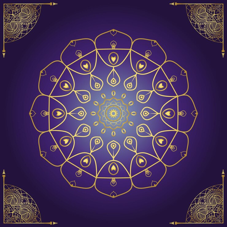 Mandala Design Ramadan Gold Color Vector Illustration Púrpura y azul degradado de fondo