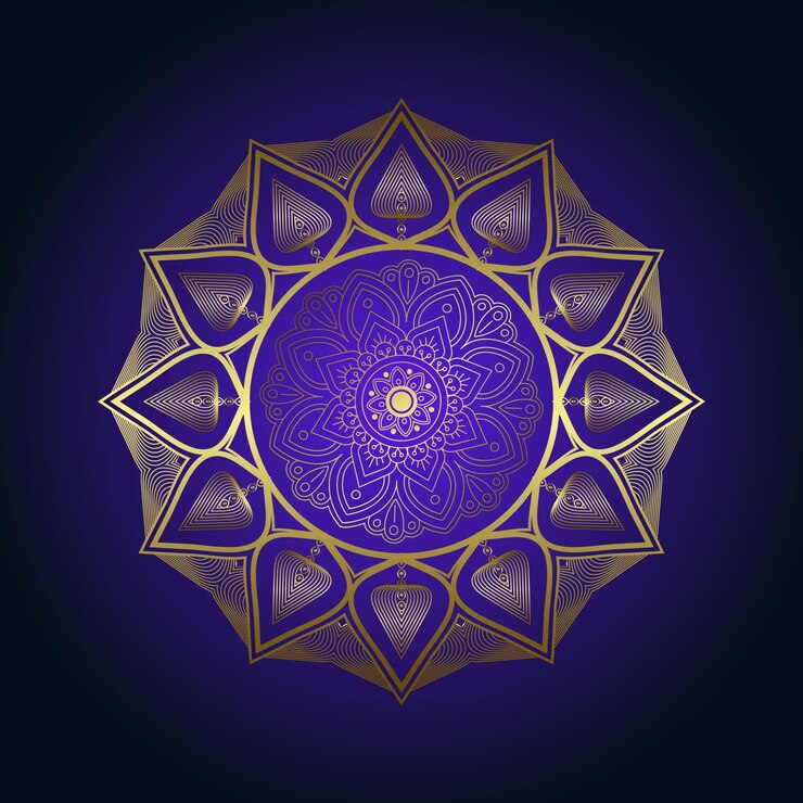 Mandala Design Ramadan Gold Color Vector Illustration Púrpura y azul degradado de fondo