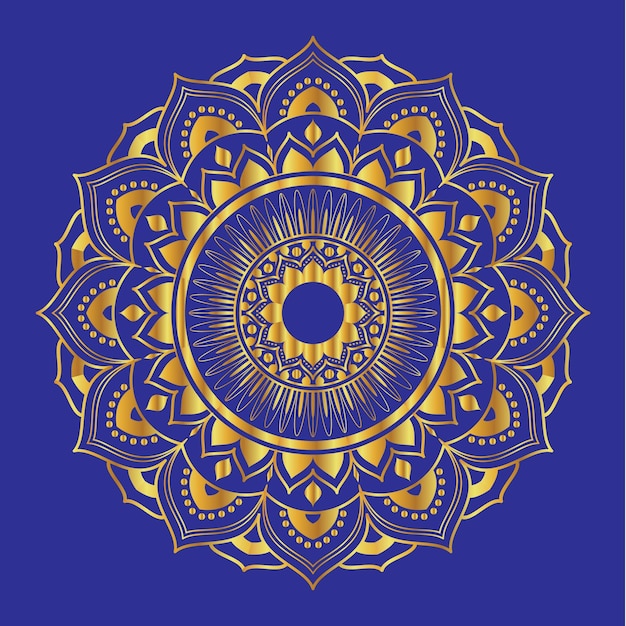 Mandala dorada con fondo azul.