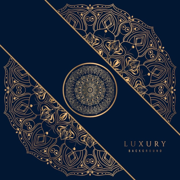 Mandala dorada de lujo sobre un fondo azul oscuro.