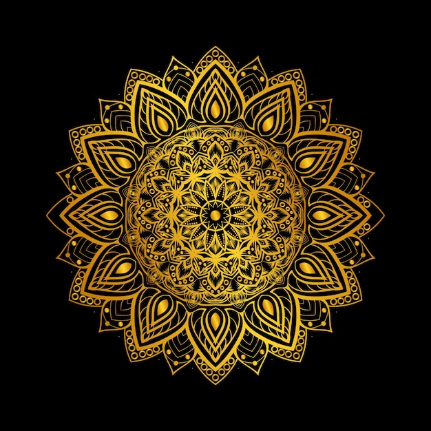 Mandala dorada con un patrón floral sobre un fondo negro.