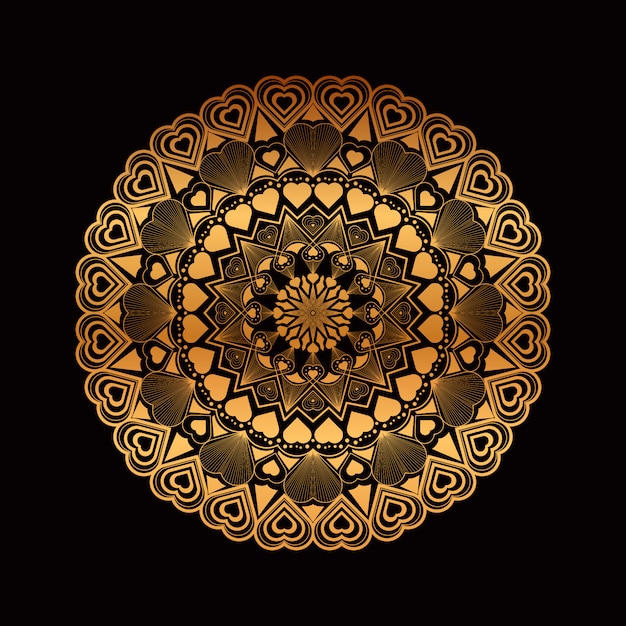 Mandala dorado dibujado a mano con corazones