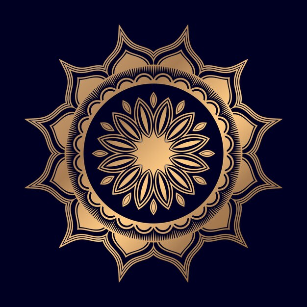 Un mandala dorado con un fondo negro.