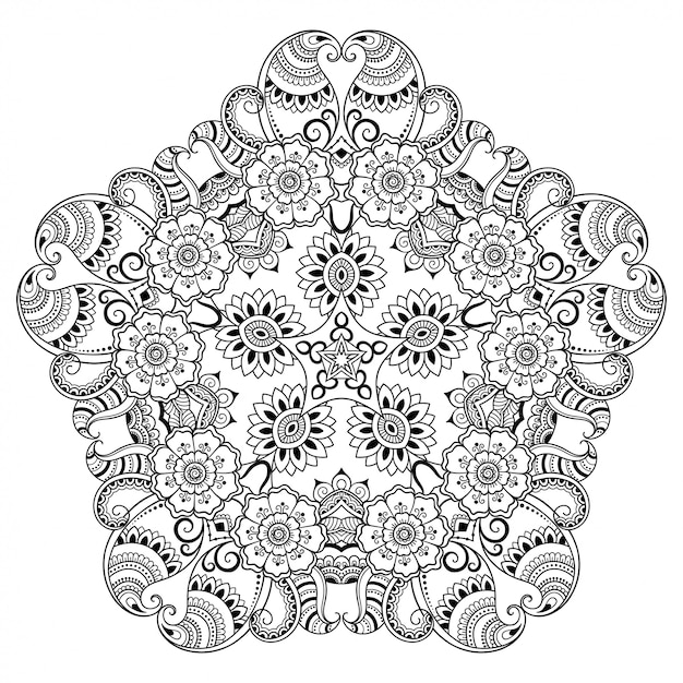 mandala en estilo étnico oriental. Esquema de dibujo a mano doodle ilustración. Página de libro para colorear.