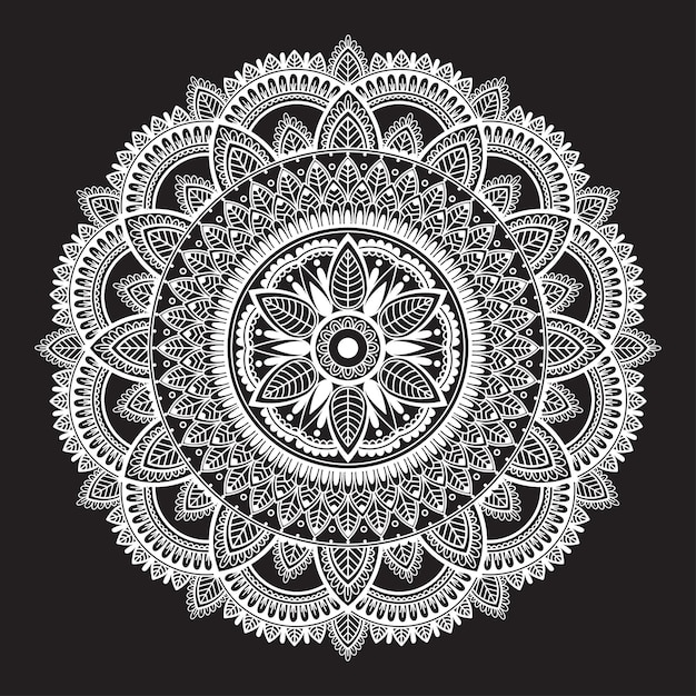 Mandala étnica redonda blanca sobre fondo negro patrón decorativo circular