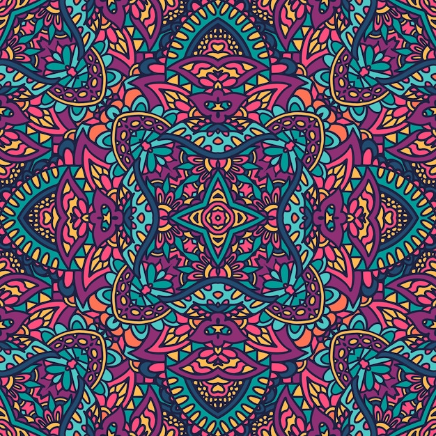 Mandala étnico festival arte patrón sin costuras Vector estampado geométrico Textura de fondo repetitiva colorida