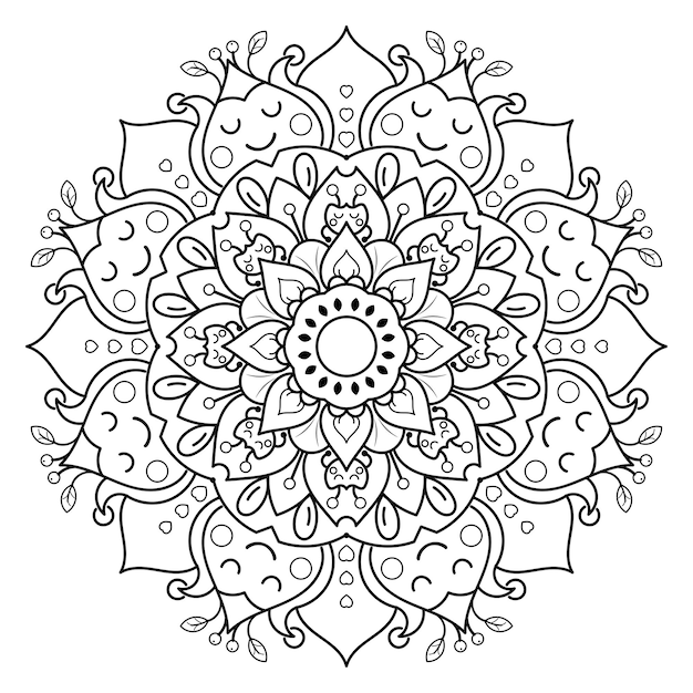 Mandala de flor circular con lindo estilo floral de dibujos animados Patrón de mandala vectorial para niños Estilo dibujado a mano Diseño único con flor de pétalo Concepto de relajación y uso de meditación para el libro de colorear del logotipo de la página