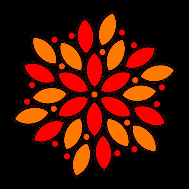 Mandala floral en colores rojo y naranja sobre un fondo negro
