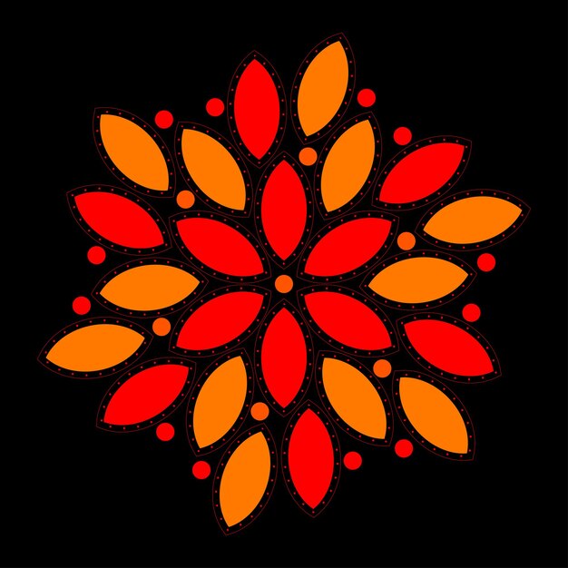 Mandala floral en colores rojo y naranja sobre un fondo negro